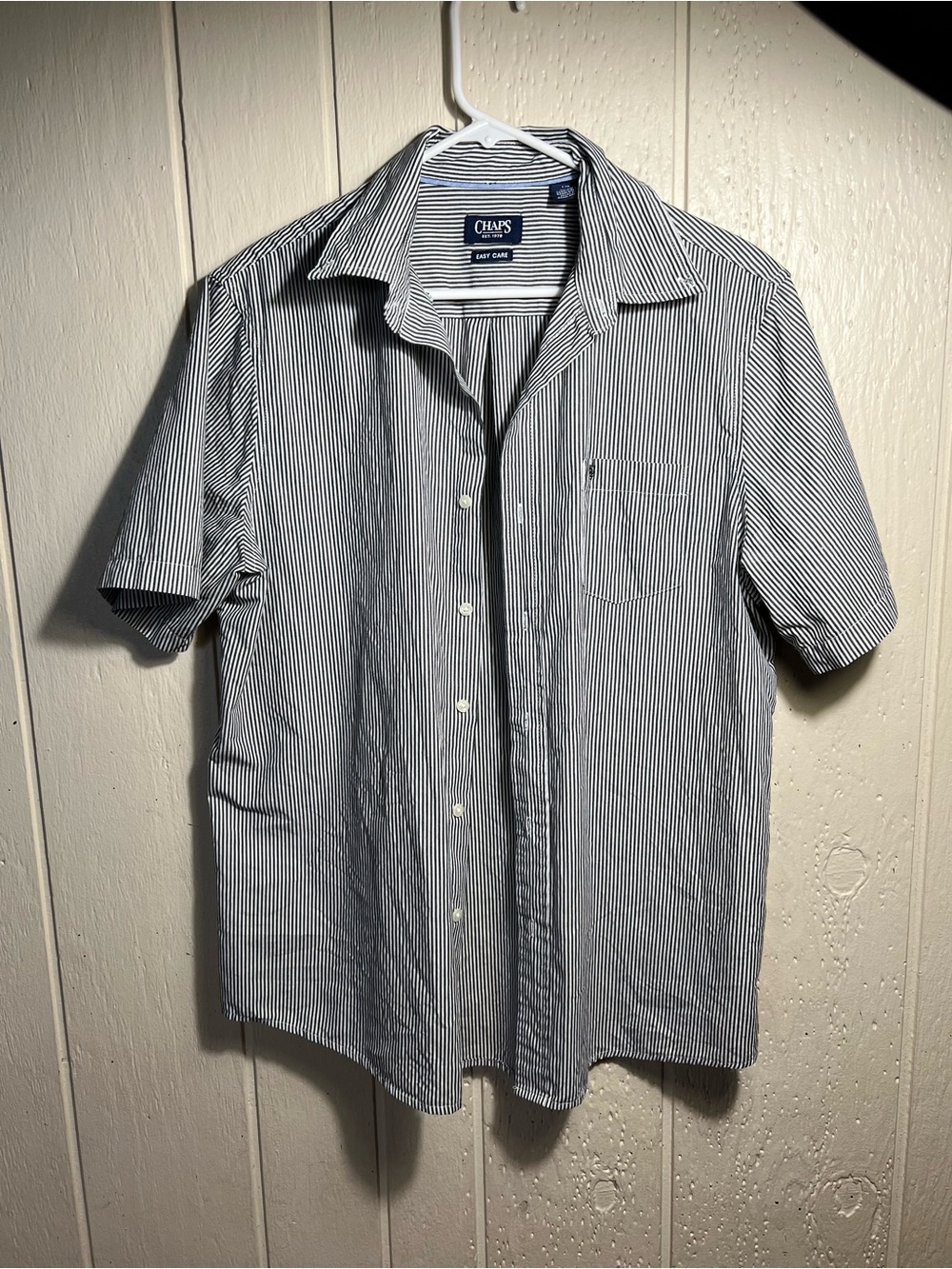 Chaps Men’s Short-Sleeve Navy and White Striped Button-Down Shirt
